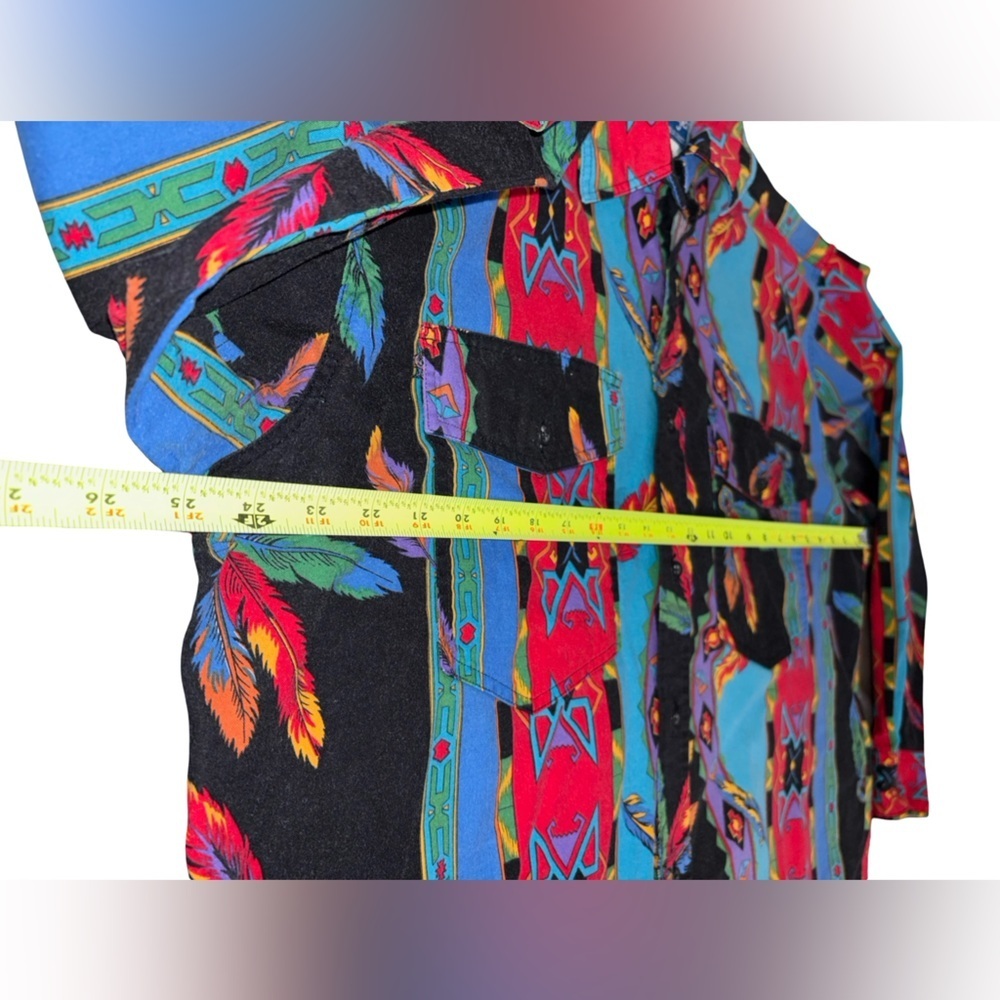 Vintage 80s/90s Wrangler Western Button-Up Shirt XL Bold Aztec Feather Print - Picture 8 of 8
